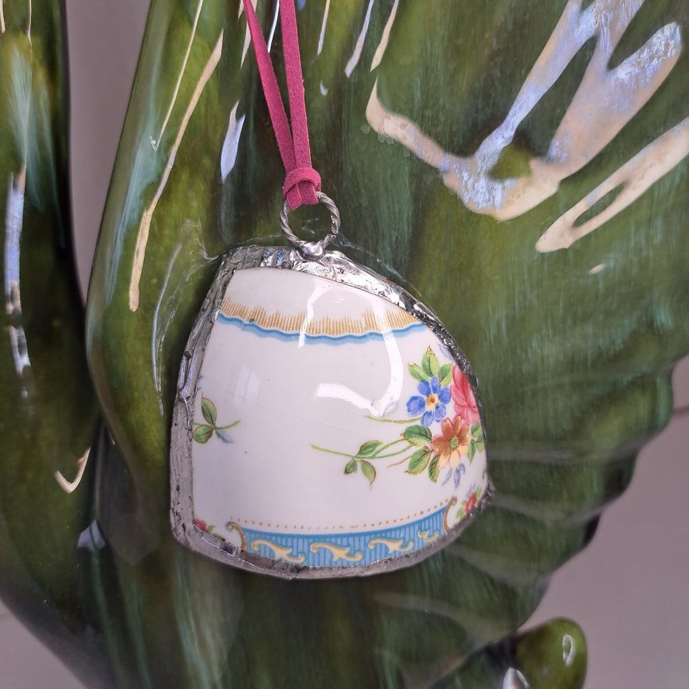 Upcycled Pendant from a broken tea cup silver soldered. Unique